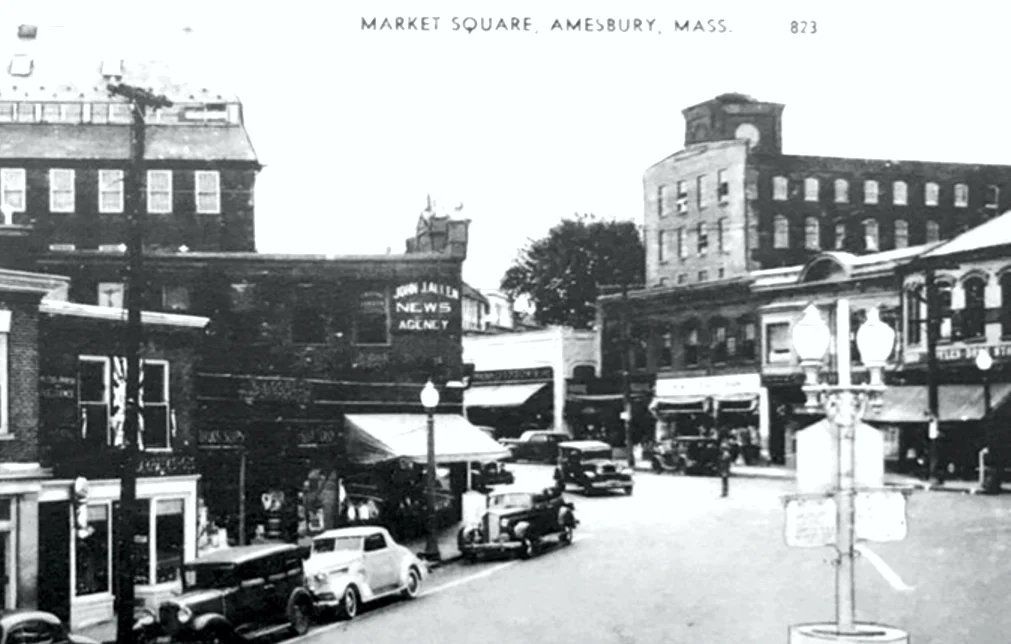 Amesbury's Market Square in the 1930s. The sign for J. J. Allen's newspaper distribution business is near the center of the photo.
