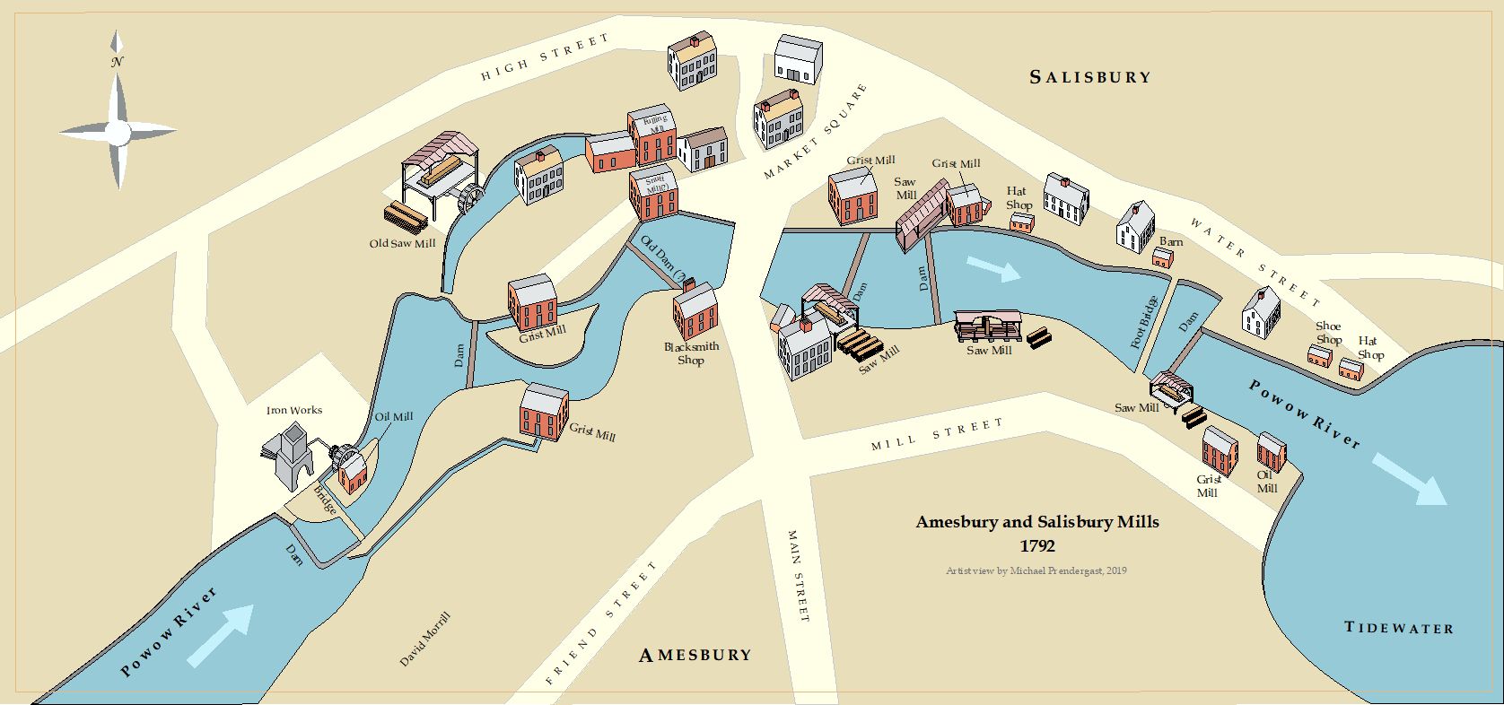 This view shows the millyard in an early, industrial state. Local owners operated mills of different types including 5 sawmills, 7 gristmills, 2 oil mills, a snuff mill and an iron works. The range and density is unique to the region and distinguished Amesbury from other communities. Ownership of a mill privilege allowed the use of the water flow in the river. The types and locations of the mills were determined by deed research and through published descriptions.
