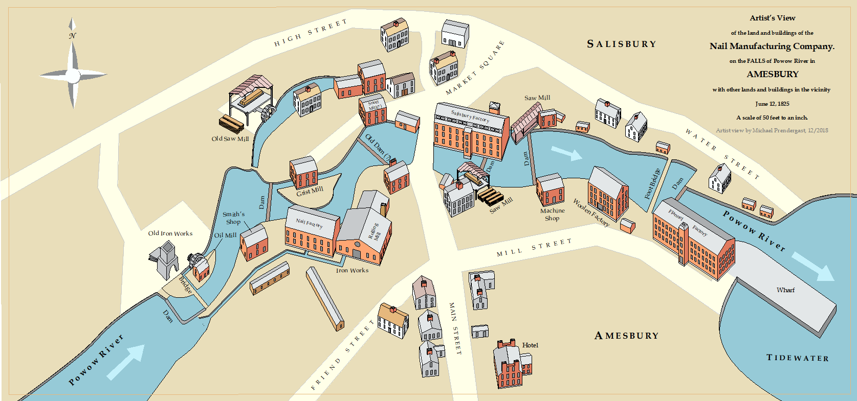 This view was drawn from a map found in the collections of the Peabody Essex Museum. Additional study of drawings and photographs, helped render the size of buildings along the river. This view illustrates a time when textile making activities were developing and owners from Boston and other areas began to invest in larger mill operations. Of note is the nail factory established by Jacob Perkins in 1796.