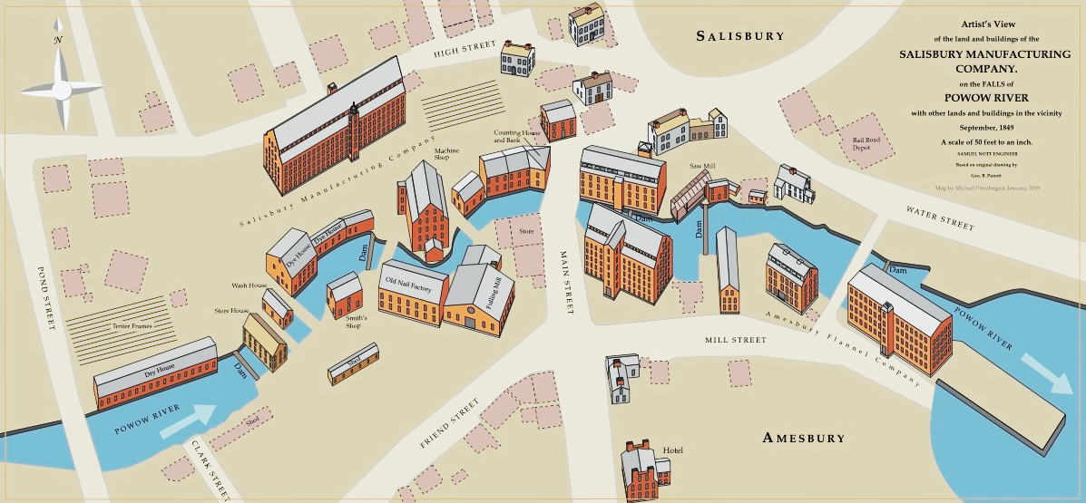 In this view, investments have allowed for the construction of even larger mills and the area along the river is devoted to the making of textiles. The millyard is slowly developing although there remains a village quality to the area. Mill 2 – now Amesbury Industrial Supply – is the largest building in the millyard.