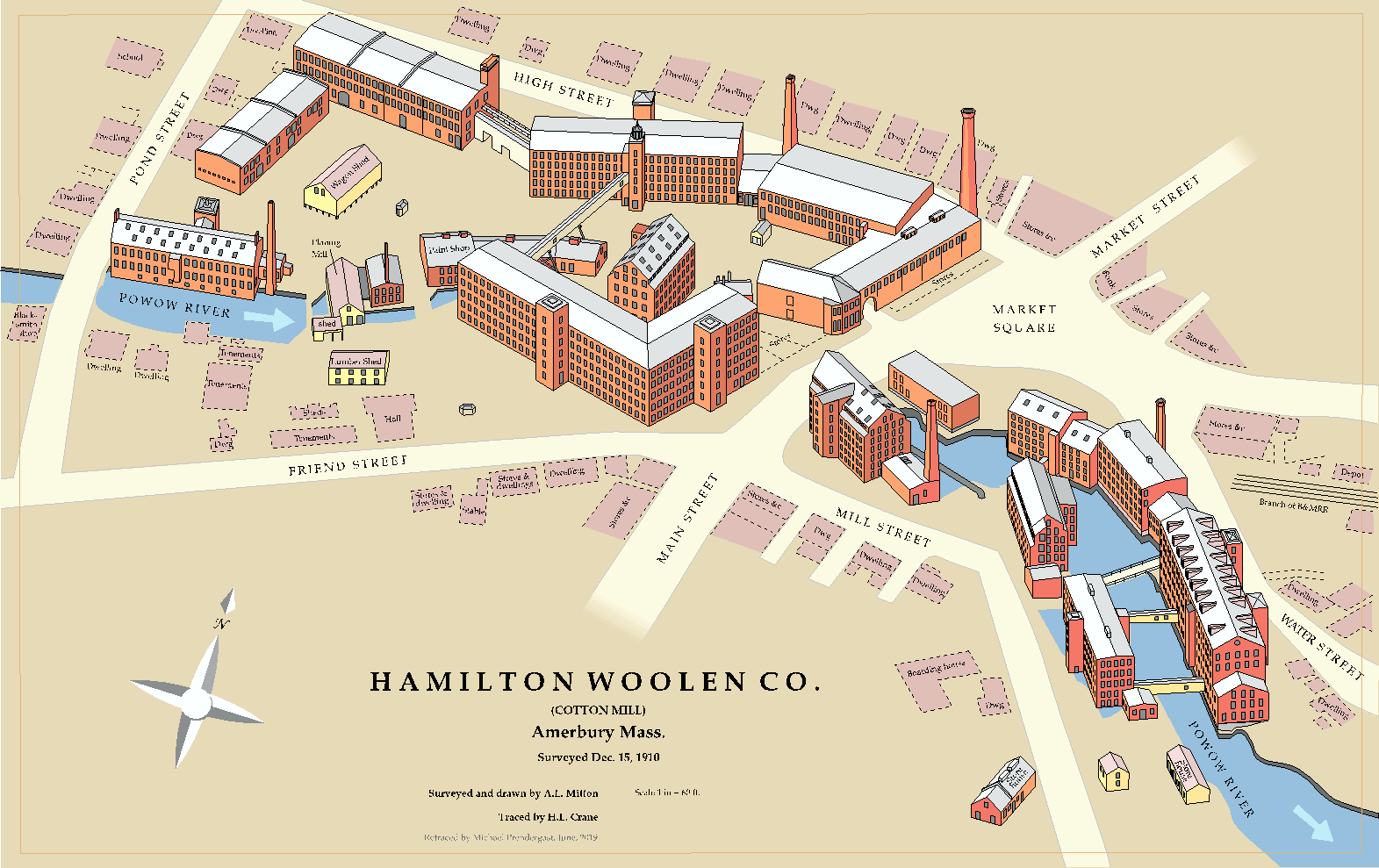 This view shows the millyard at the peak of its development. At this time, the Hamilton Woolen Company operated the mills. The buildings create an unbroken wall along the river. Around 1,000 workers were employed in the textile industry at its peak. Two years after this view was made, the Hamilton Company closed their doors bringing an end to textile making in Amesbury.