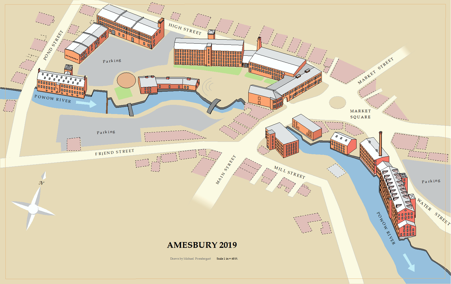This view was made using google maps and subtracting buildings that had been in place in 1910. While the change is dramatic, Amesbury has retained a large percentage of the mill buildings. Local owners have filled the buildings with new businesses and operations. Preservation of these structures provides the evidence for the stories that tell our history.