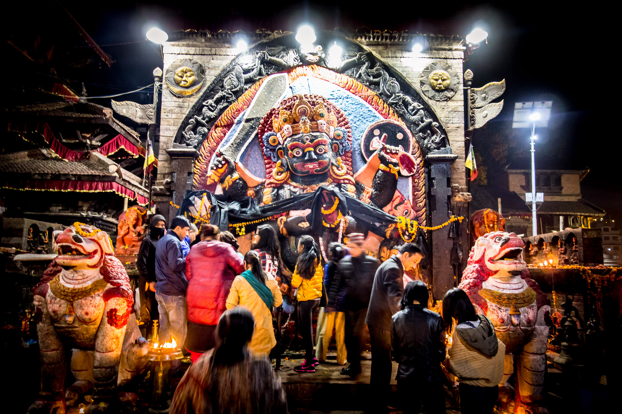 The Hindu god represented is Bhairava (Sanskrit, "Terrible, Frightful"), a fierce manifestation of Shiva associated with annihilation.