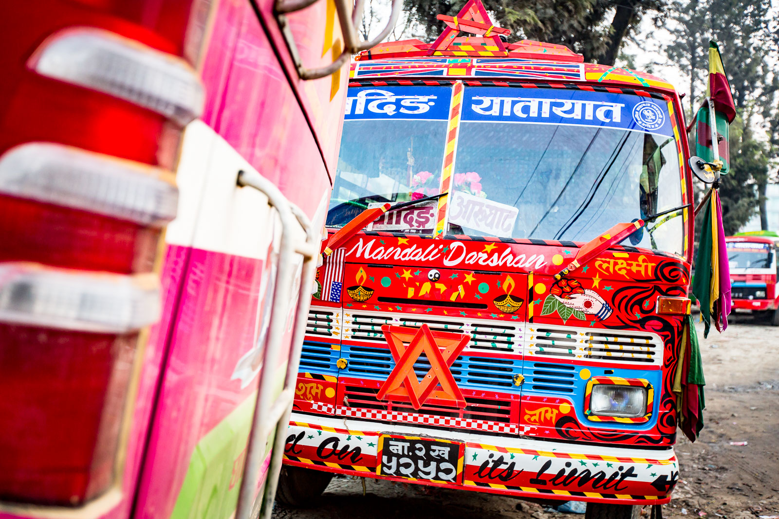 Our brightly-coloured bus at the station