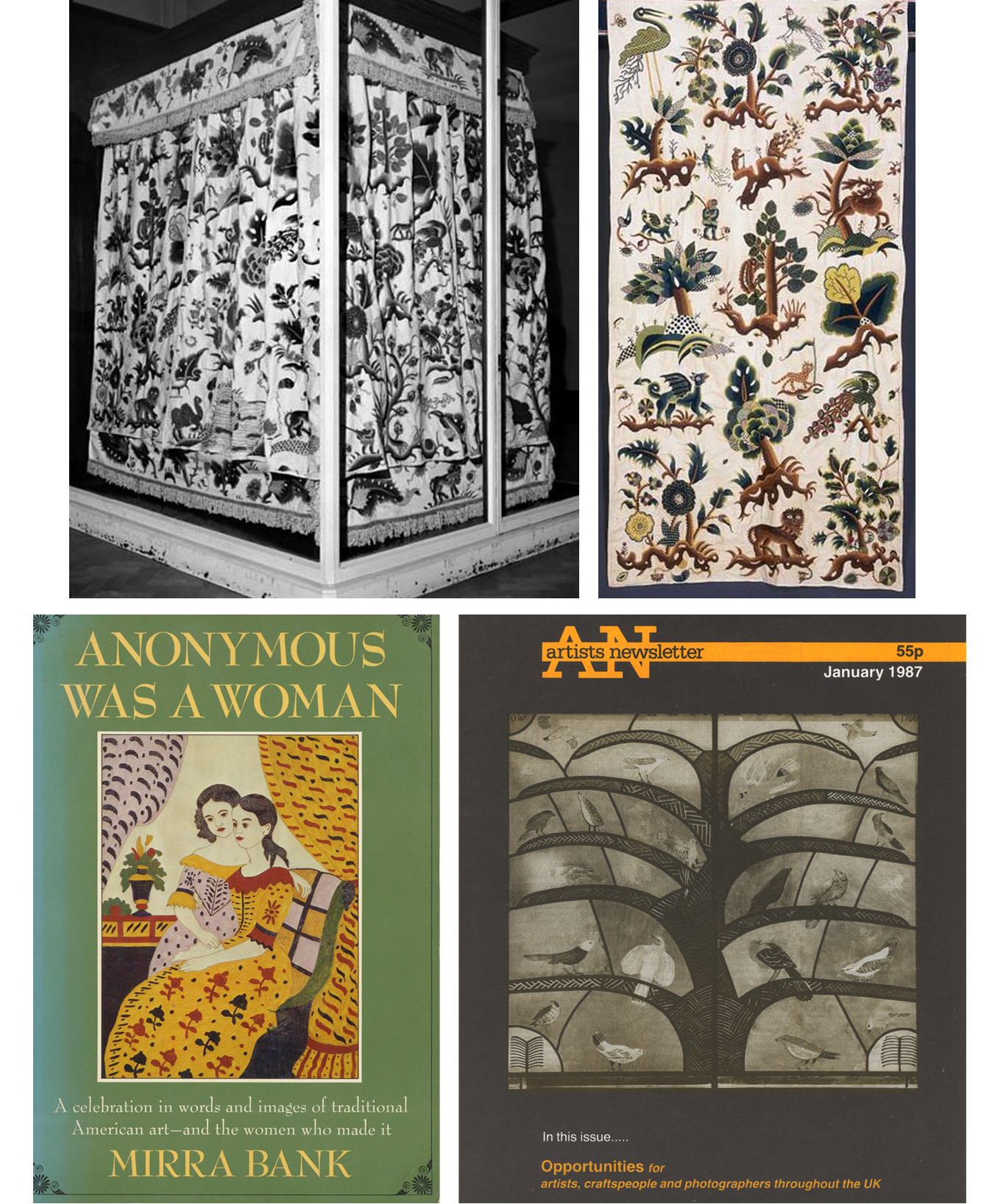 Above: Abigail Pett's curtains in the V&A. Below left: A favourite book. Below right: My first public commission.