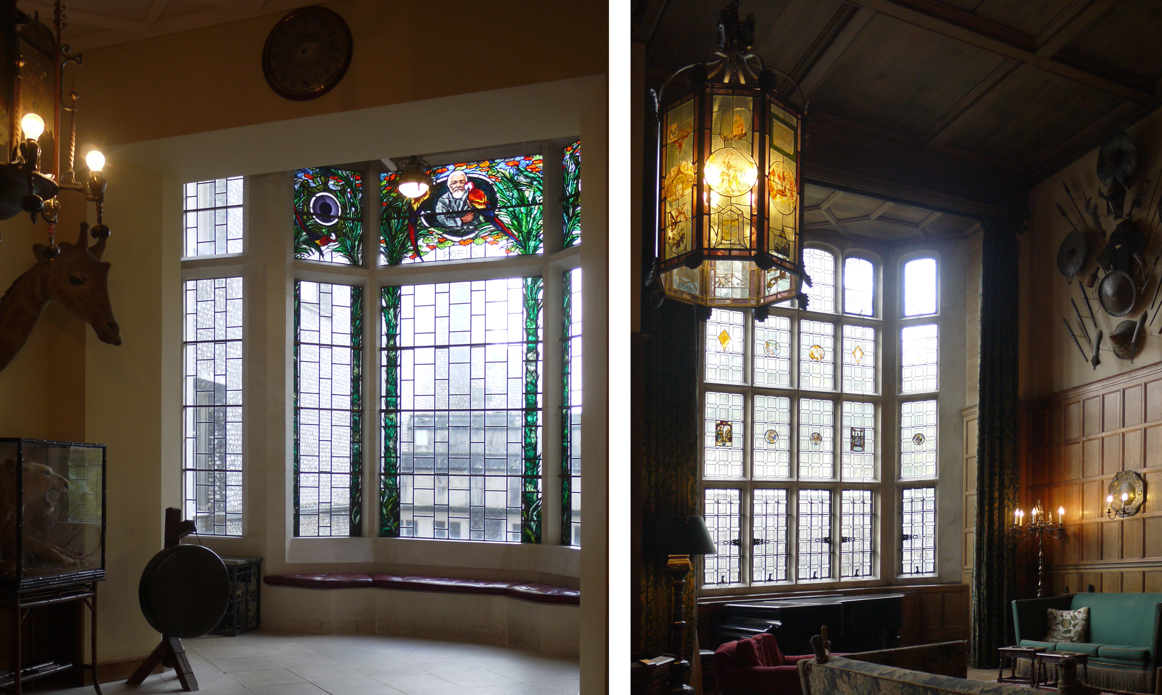Twentieth Century glass and stained glass lantern in The Oak Hall, West Dean House.