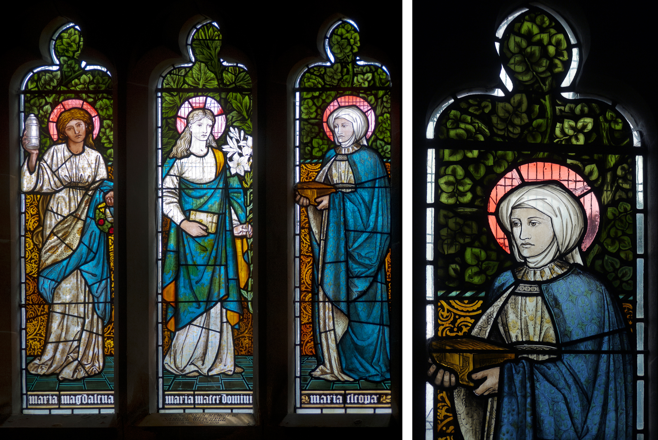 Window in St. Mary's Church, Sopworth and detail of the right hand panel. EBJ & WM 1873. Click to enlarge.