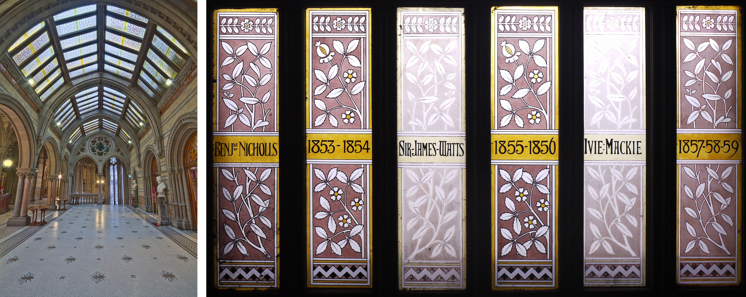 Great Hall Foyer, photo by Michael D. Beckwith. Block of 6 stained glass panels. 