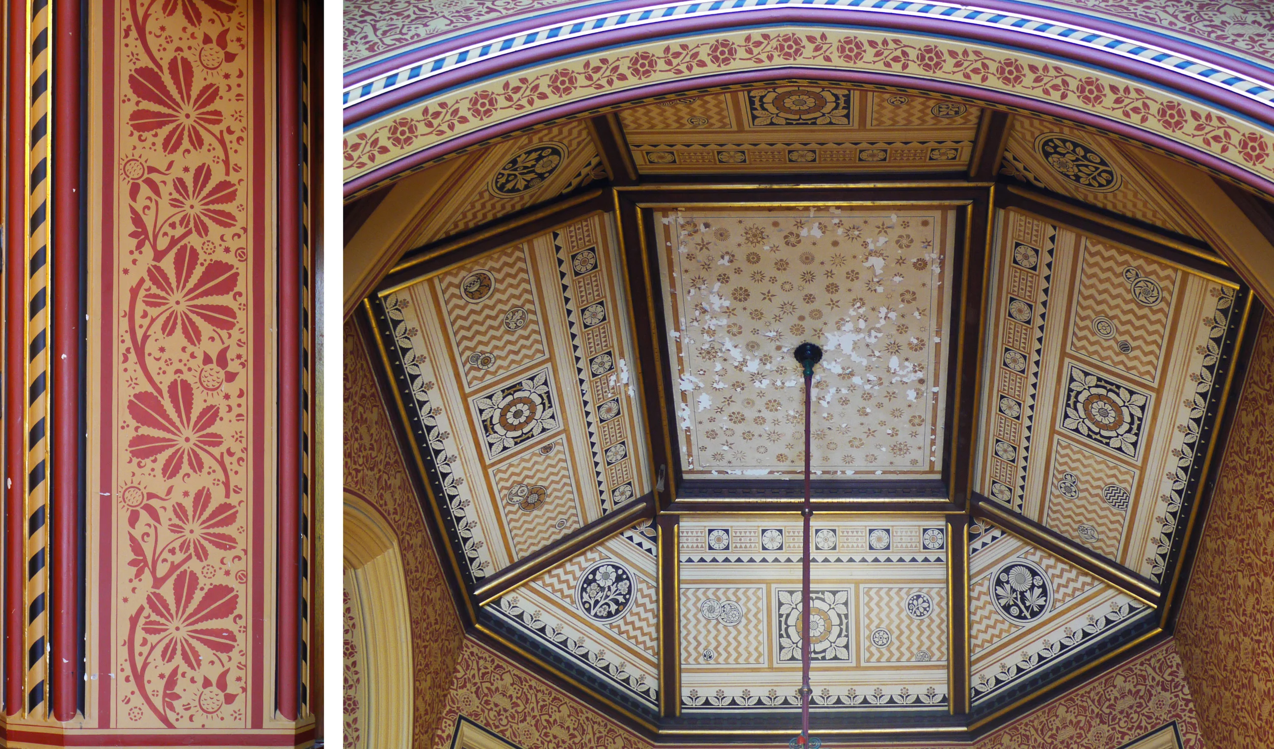 In the south vestibule, horse chestnut motif around the door frame and original patterned ceiling.