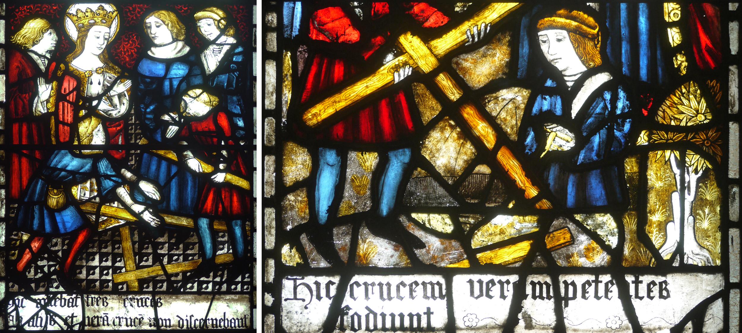 Two of the lower panels in window 2 that depict the life of Saint Helen, translations below