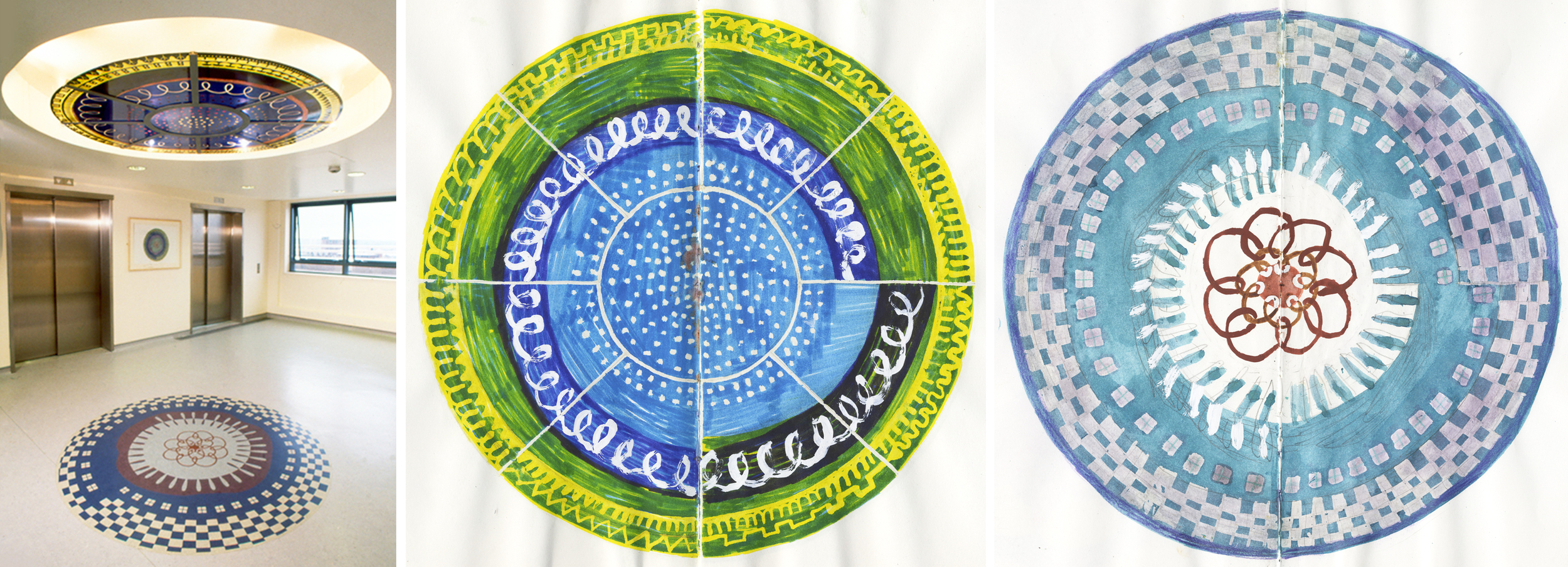 Lift lobby, Leeds General Infirmary & preliminary sketches for the glass ceiling light and cut lino floor design, 1997.