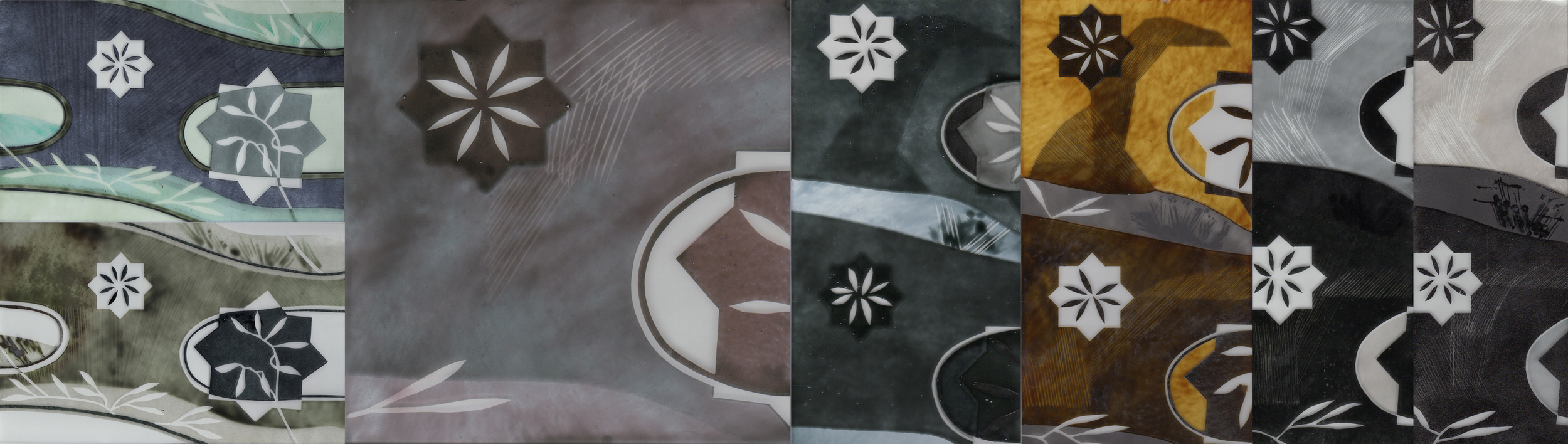 Samples of glass fired with transparent enamels and oxides in layers.