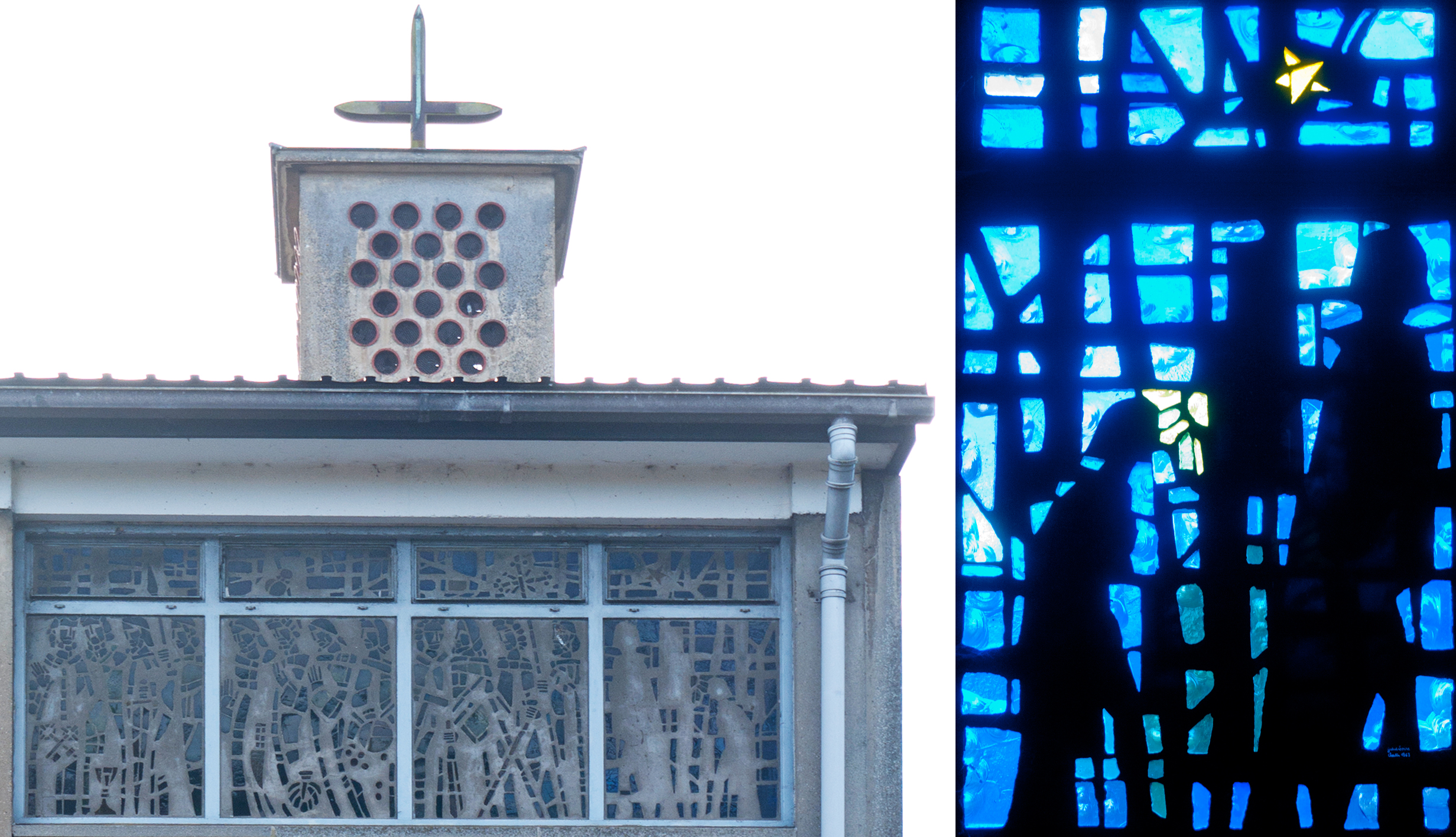 The same windows from the outside showing St. Peter leading Apostles: End window with two mysterious negative figures.