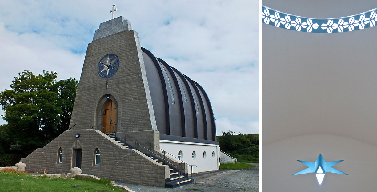The facade of the church from the outside Looking up at the star from inside