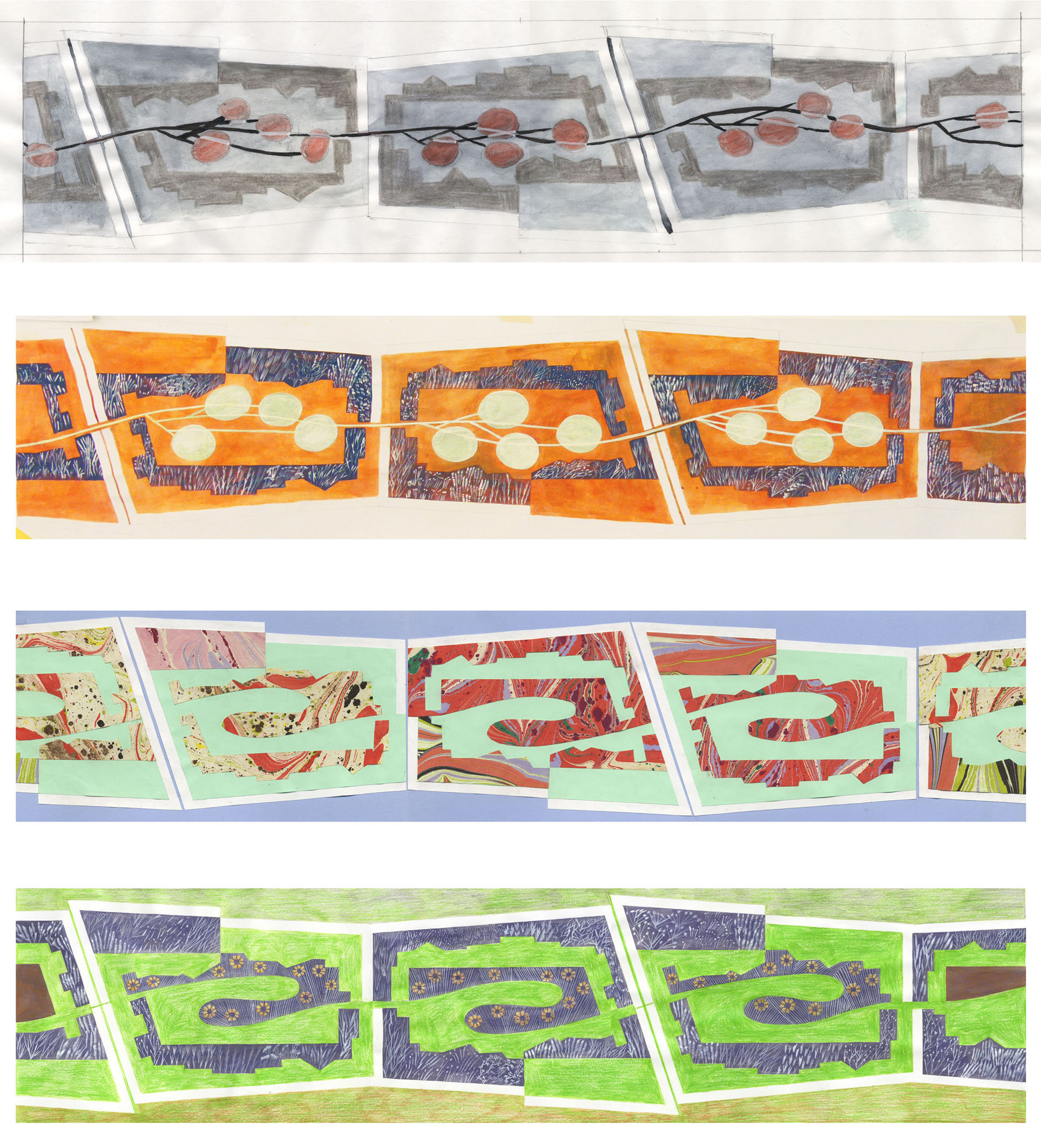 Garden Plums, sketches showing development of the design