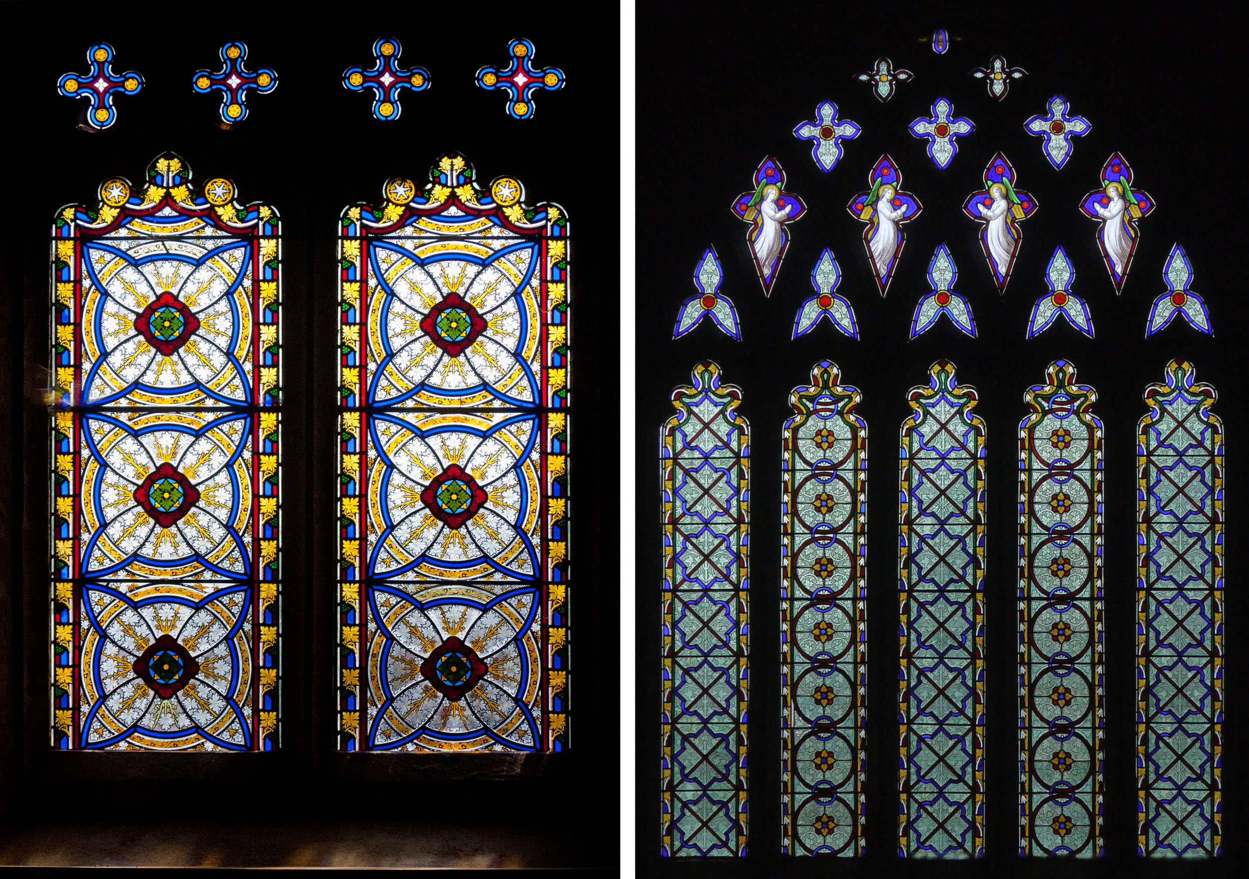 Victorian patterned windows on the south side