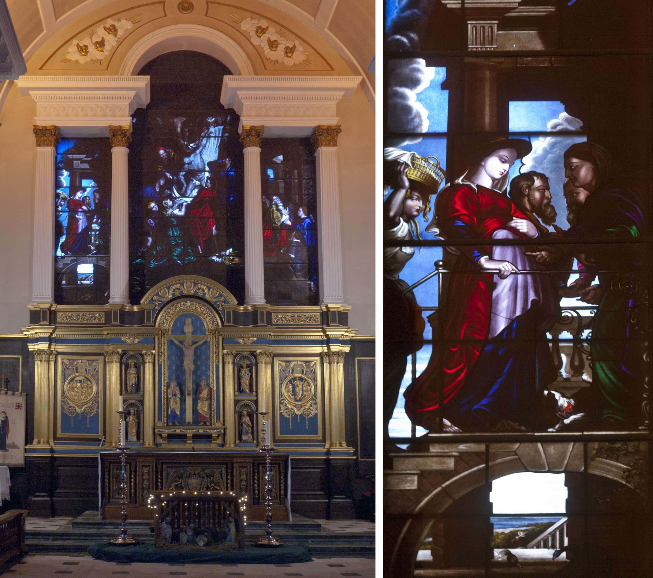 St. Chad's: window by David Evans & detail showing left hand panel with leaded cloud and little vignette below