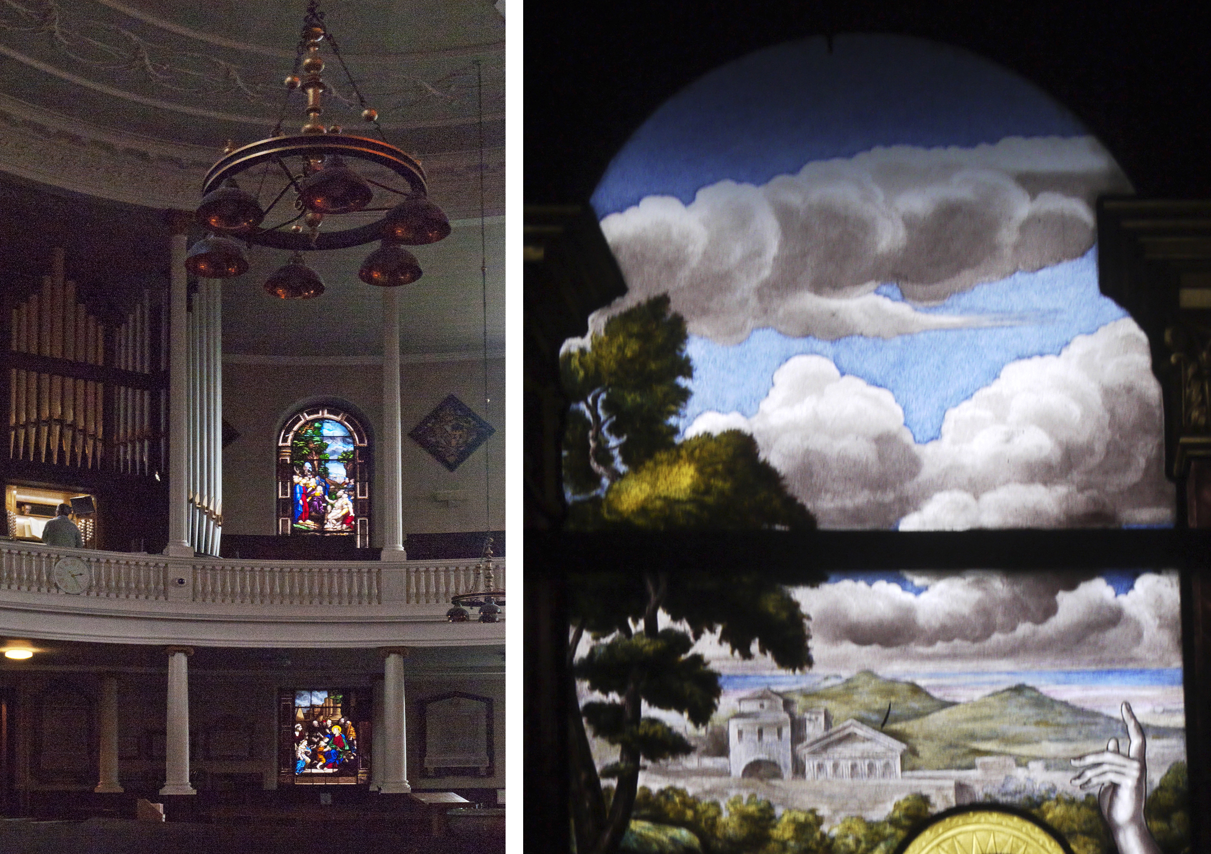 Interior of St. Chad's showing two of the David Evans window and a landscape with cloud detail from another