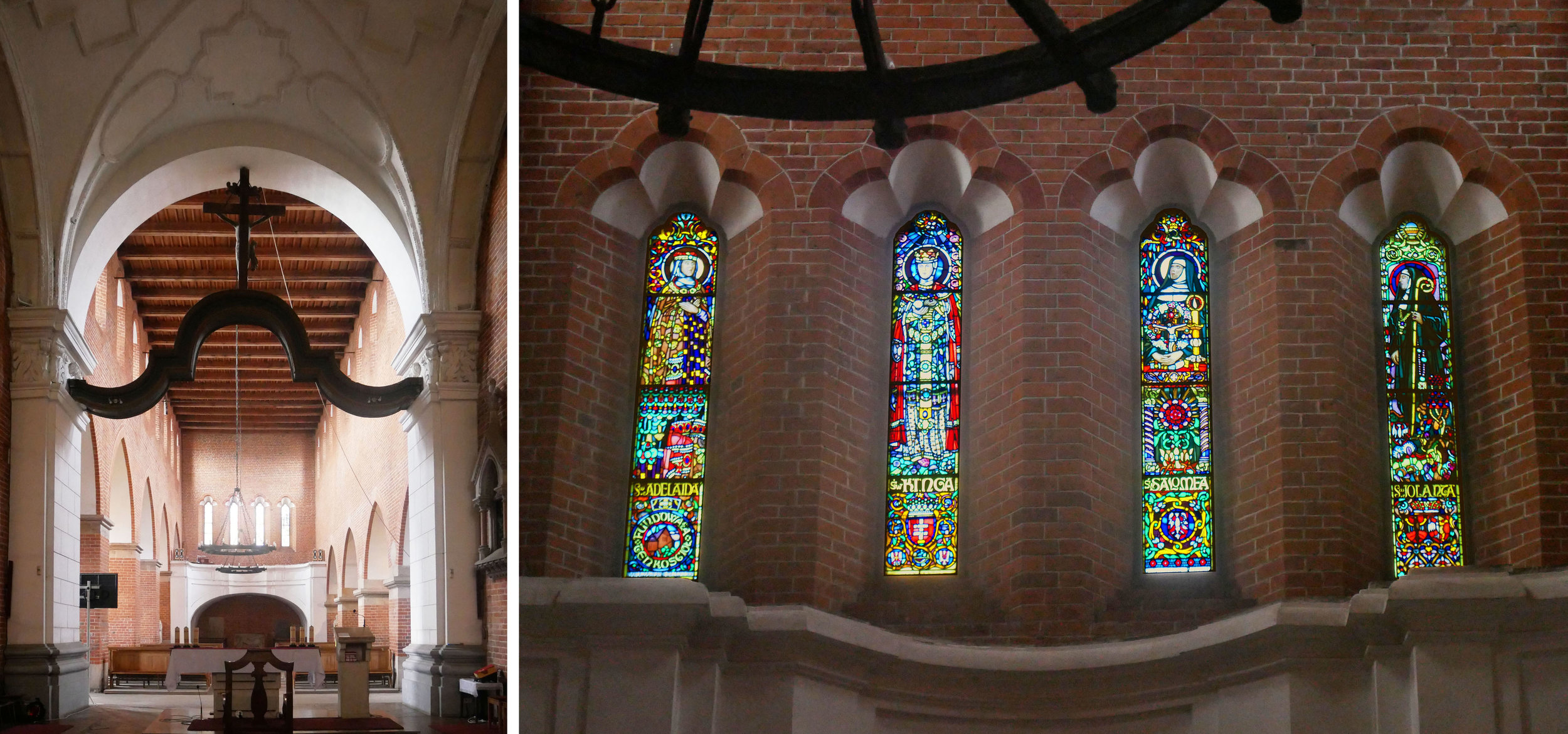 Views towards the west wall inside St. Jacobus with four figure windows and gorgeous white canopy shapes above.