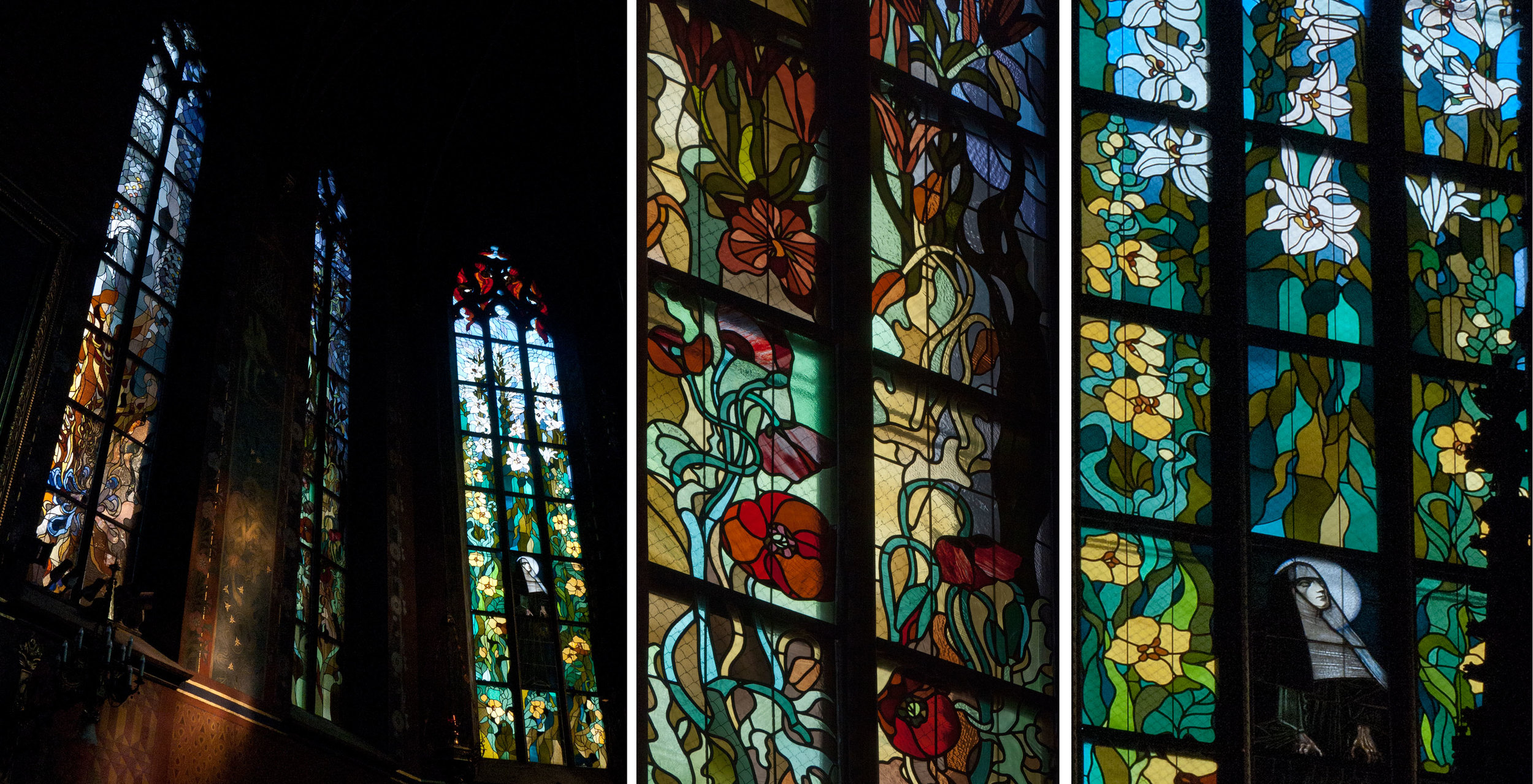 Windows to the left of the high altar, showing poppies, lilies and St. Clare.