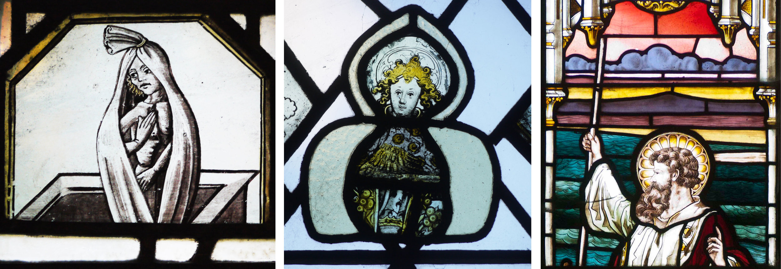 King's College Chapel, Cambridge. Chavenage House, Gloucestershire. St. Mary, Bruton, Somerset. Fantastic glass painting of faces and figures - C15th deceased man standing in his tomb; medieval fragments; coloured background of the promised land by The Royal Stained Glass Works.