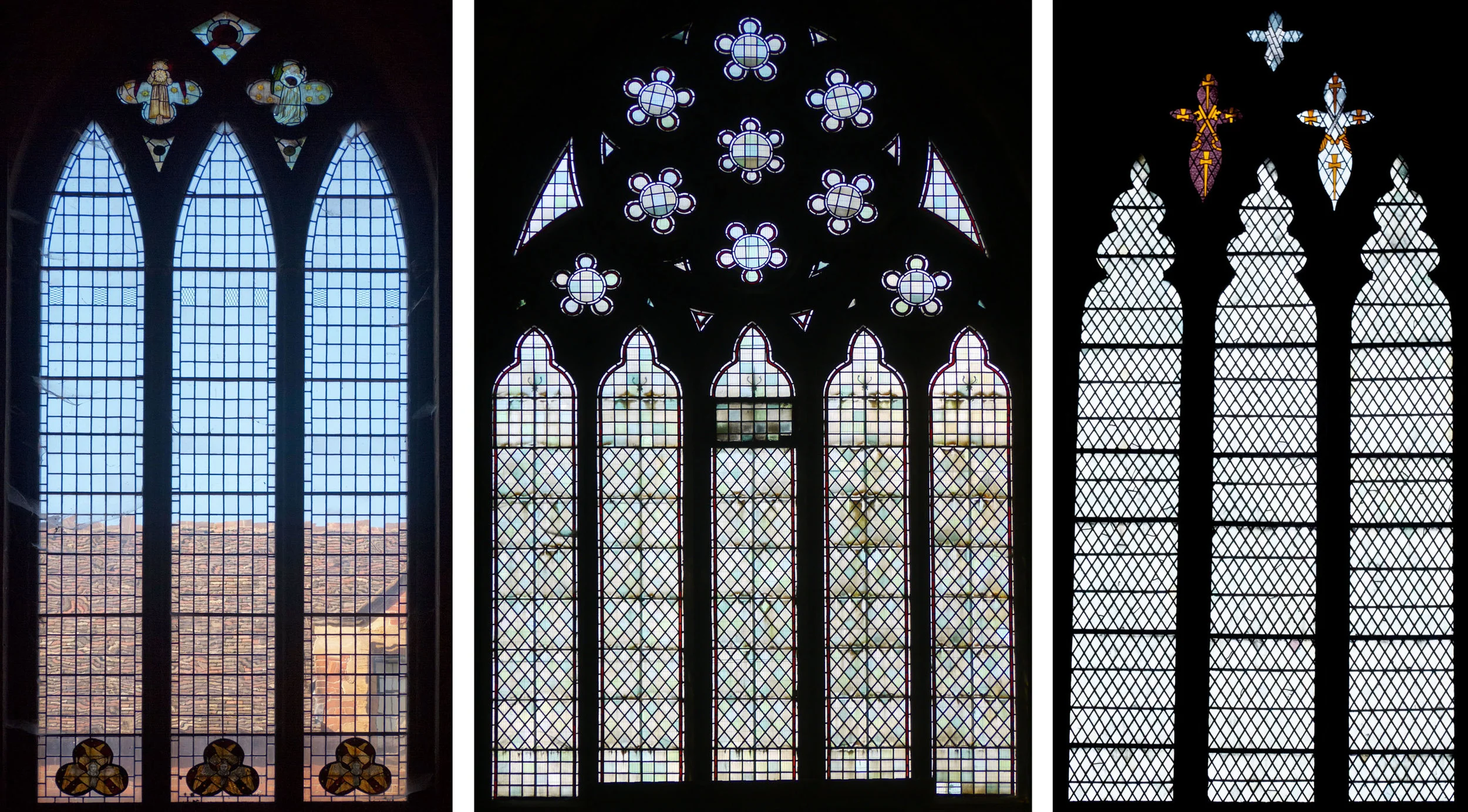 All Saints, Cambridge. All Saints, Leicester. Peterborough Cathedral. From rectangles to diamonds - ancient angels below & William Morris angels above; with both shapes & more wonky geometry; keys of St. Peter in light and dark colours above the huge diamond panels.