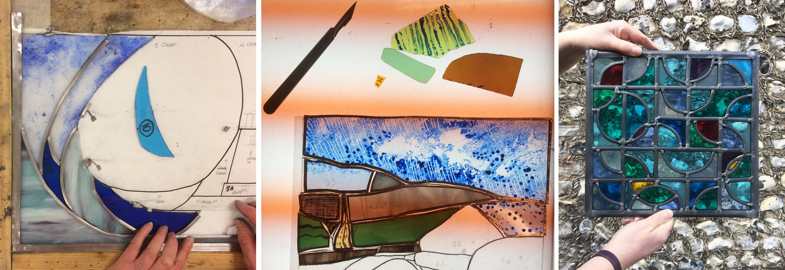 Student windows from West Dean College: sea, rainy landscape, composition in front of flint wall at West Dean.