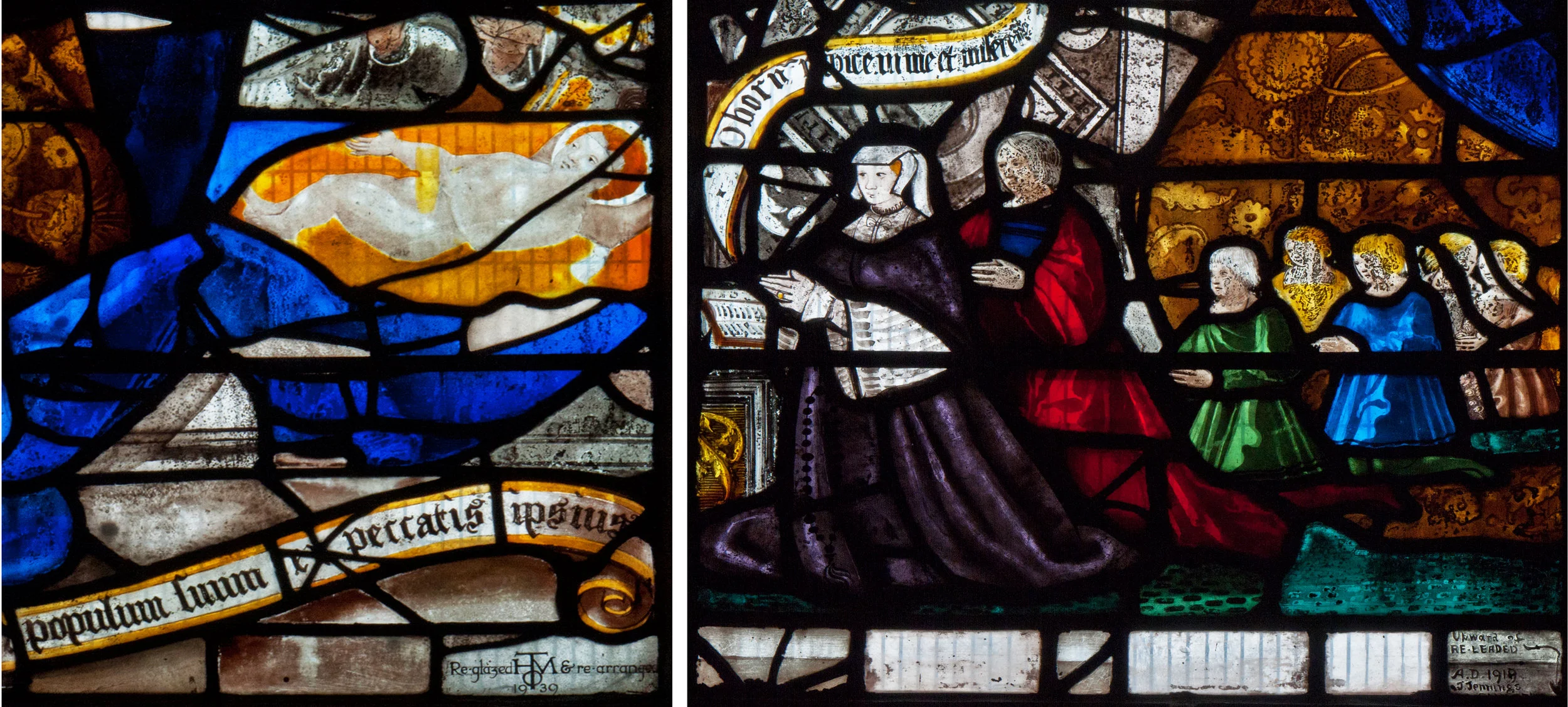Details from the east window, with signatures at bottom right.