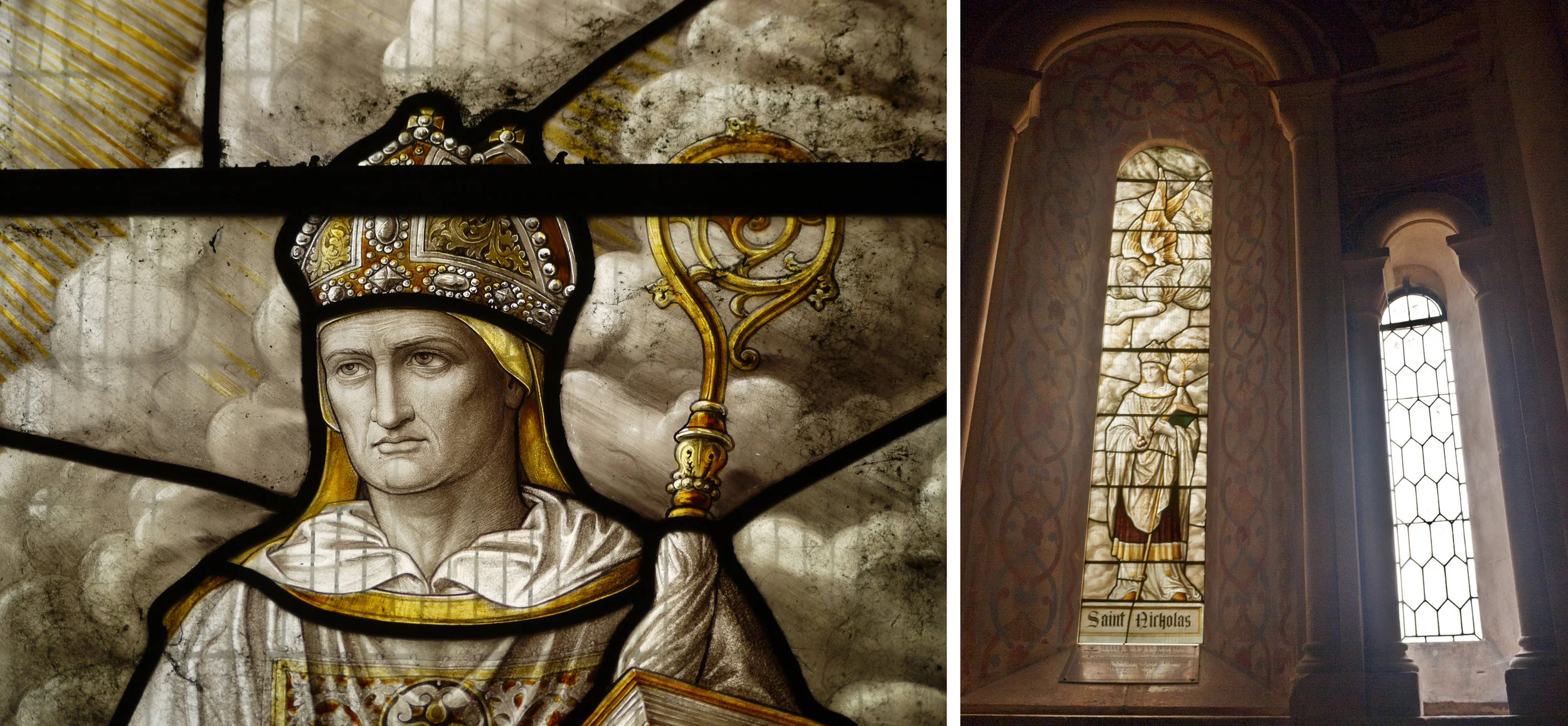 Right hand window, St Nicholas & detail, HB&B 1887