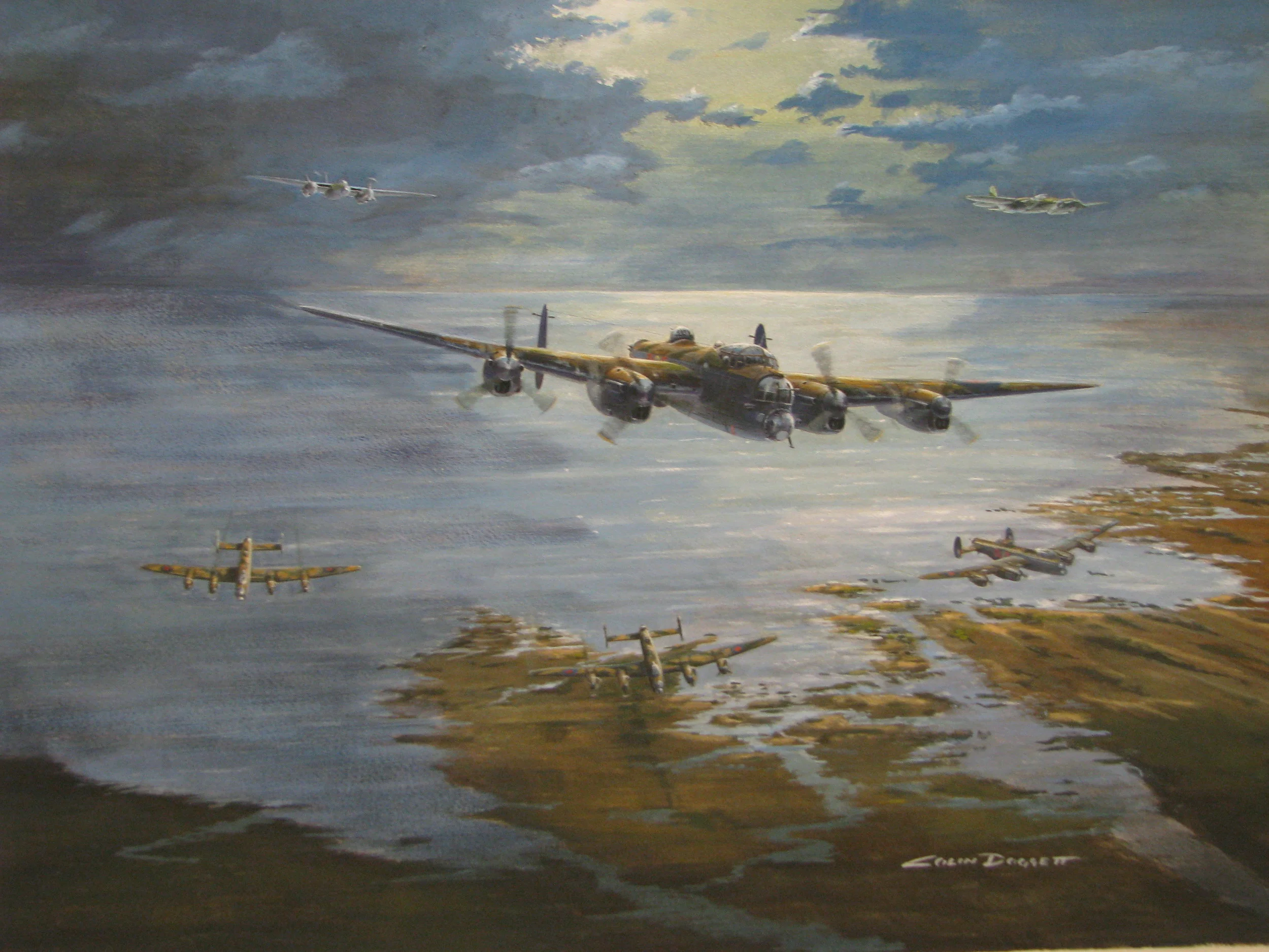 “Pathfinders” Variation of Lancasters and Mosquitos of 8 Group over the enemy coast.