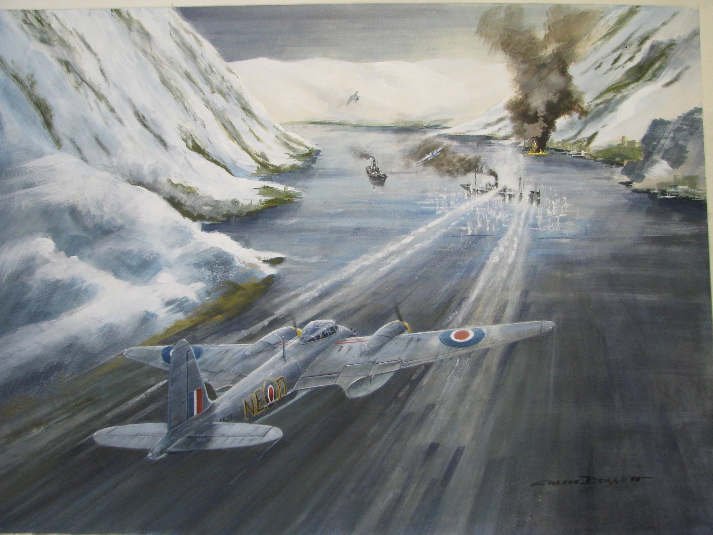 “The Banff Strike Wing” Mosquitos of 143 squadron attack with rockets, merchant vessels in a Norwegian Fjord, early 1945”. 19x 14” Prints or Original available.   
