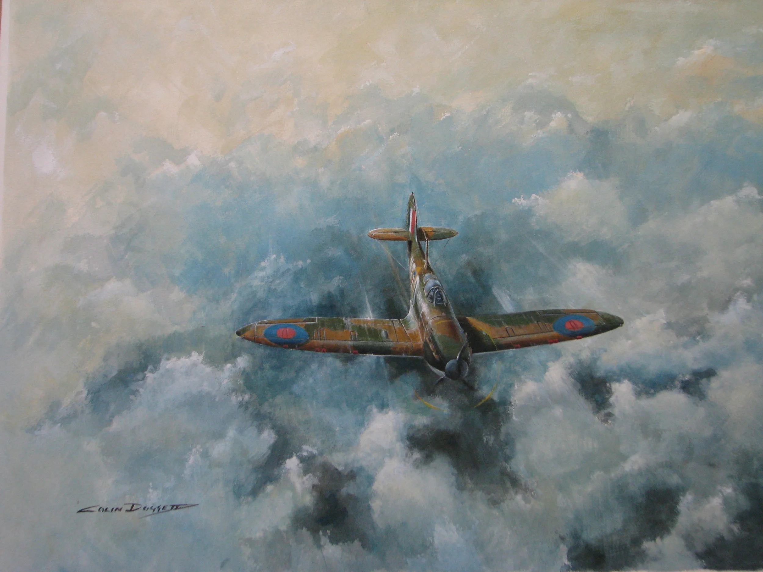 “Up where she belongs” Spitfire of 603 squadron up from Hornchurch”. 22 x 15” Prints or Original available. 