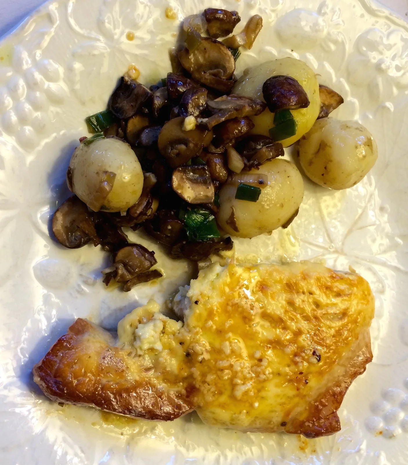 With new potatoes and mushrooms