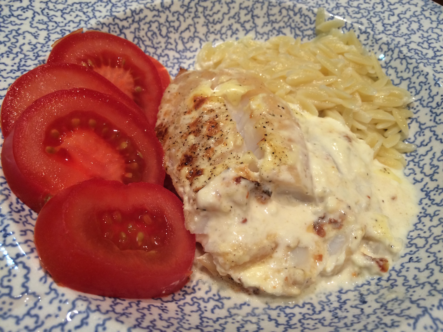 Haddock a la Creme with fresh tomatoes and orzo pasta