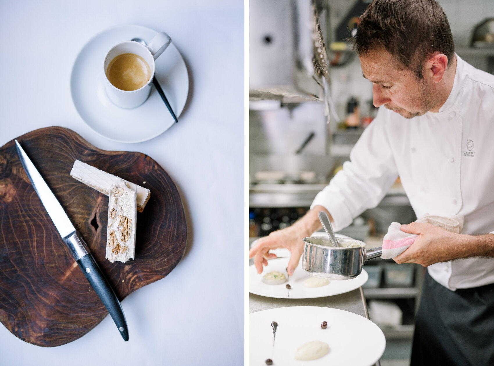  Chef Laurent Deconinck preparing dishes in his kitchen at L'Oustalet in Gigondas, Provence, France.  Photo by travel, hospitality, and restaurant photographer Clara Tuma 