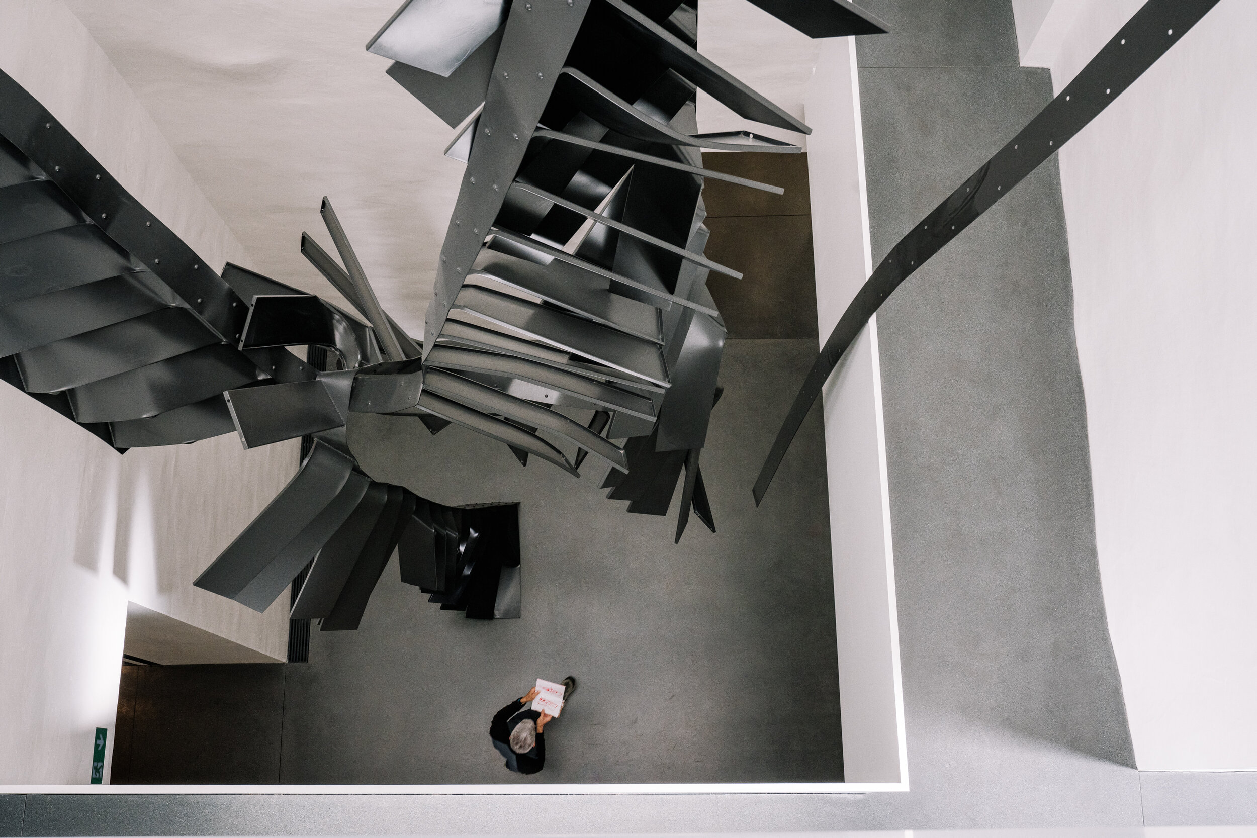  Polish artist Monika Sosnowska's "Stairs" (2016 – 2017) is a permanent installation in the part of Muzeum Susch that was formerly a brewery and is suspended from the ceiling. 