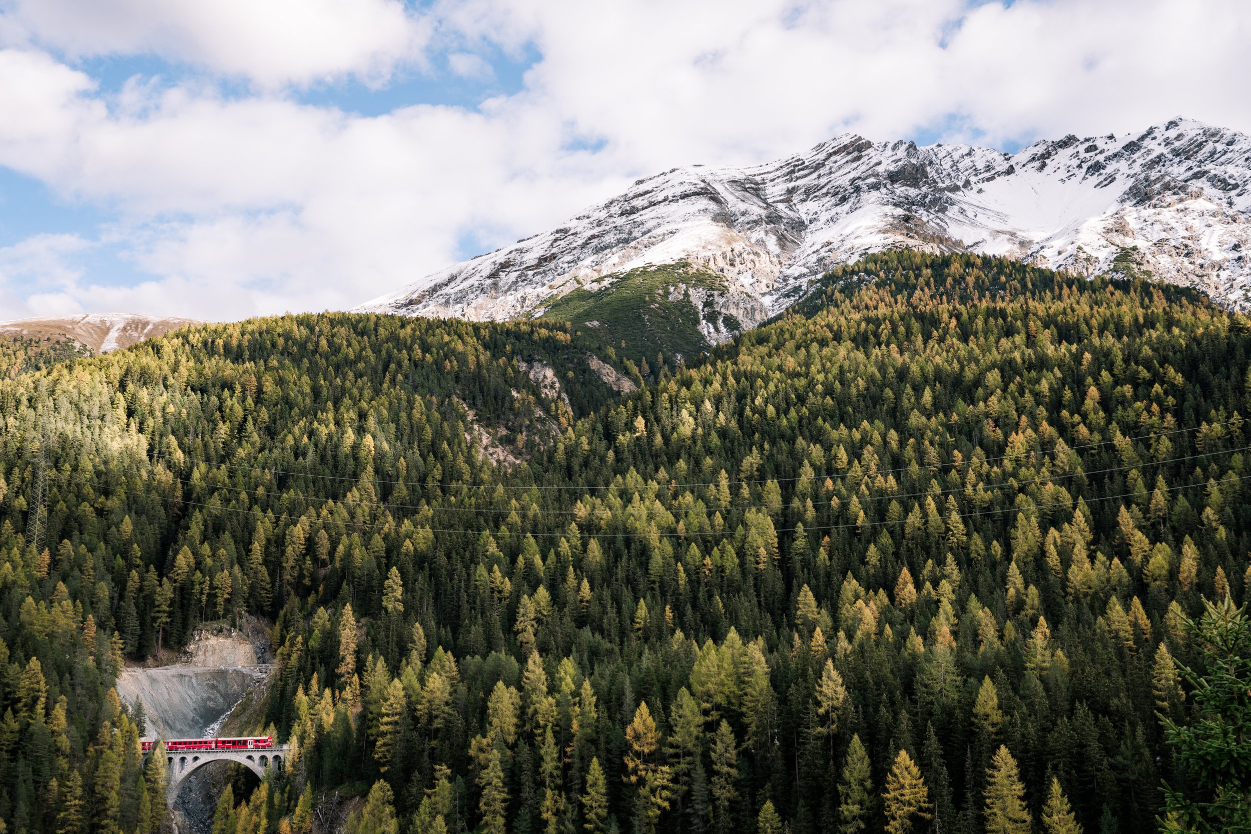  The local train running through spectacular landscape in the Engadin valley of Switzerland. 