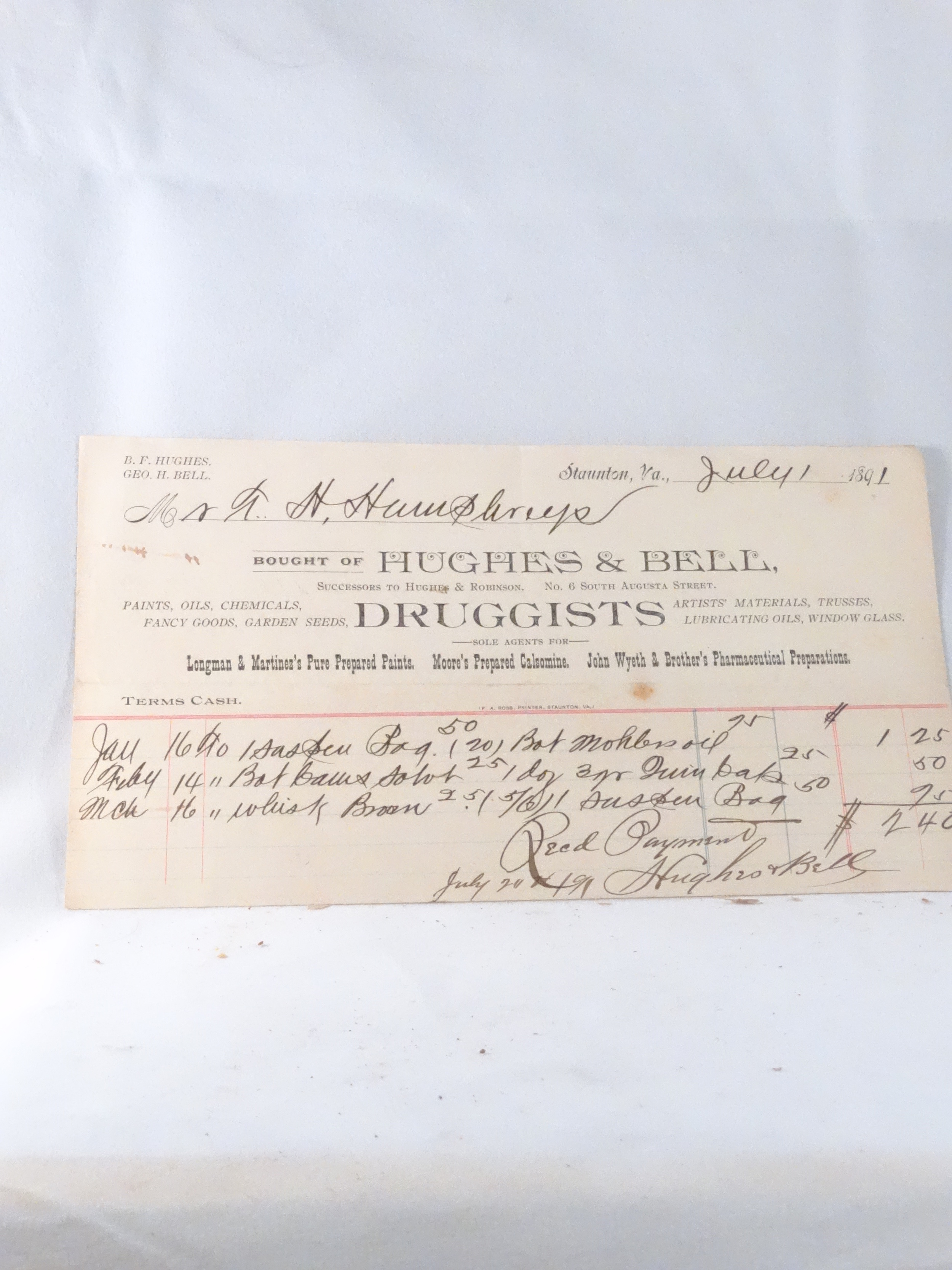 hughes & bell druggists bill