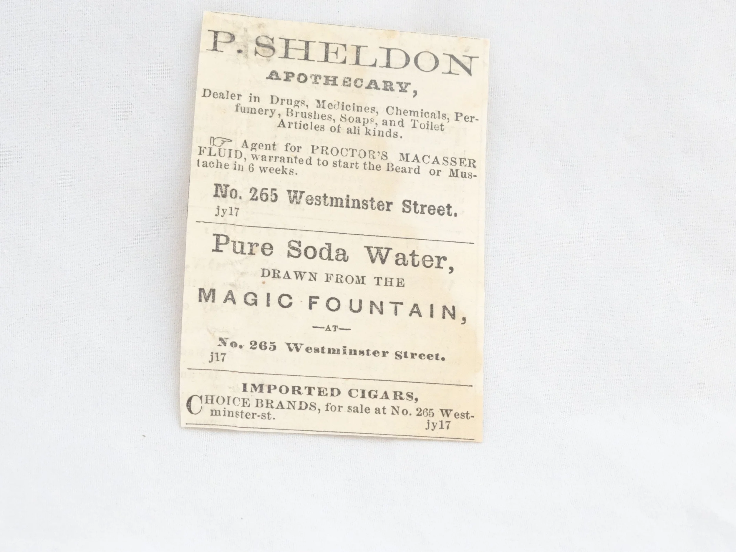 p. sheldon apothecary newspaper ad