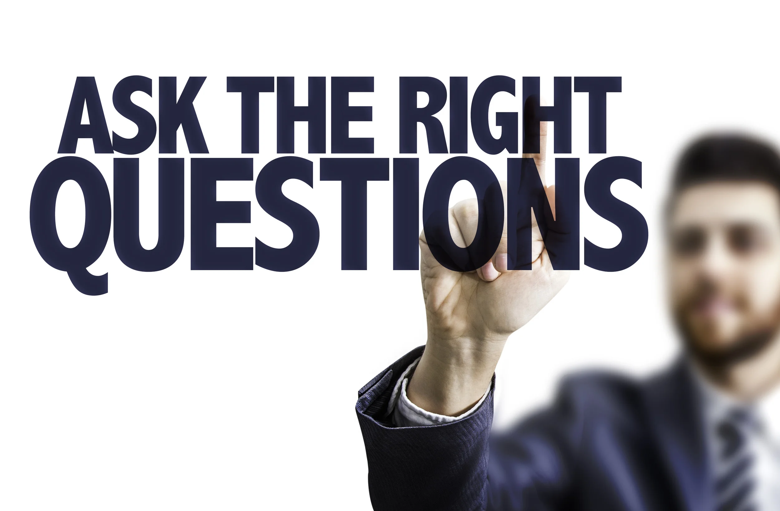 Business man pointing the text: Ask The Right Questions