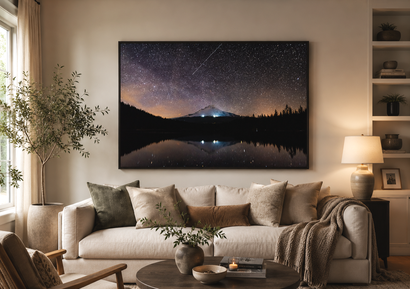 Landscape photo by Rachel Konsella shown in a living room with a cozy feel.