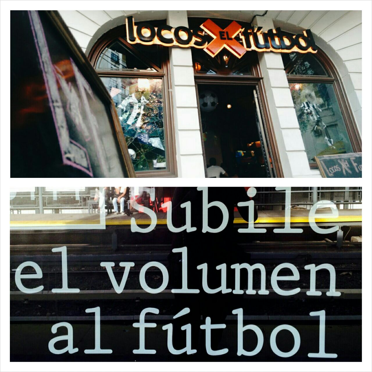 Vitrine e até o ponto de ônibus em Buenos Aires com referências ao futebol.