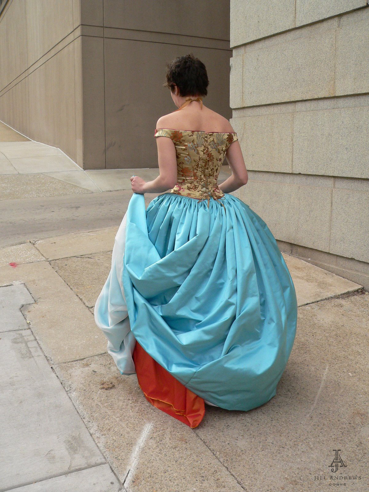 Bride in blue wedding skirt and top