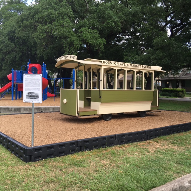 Photo of the Houston Electric Co. replica trolley installed at Woodland Park in Houston, Texas. Built by Paul Carr.