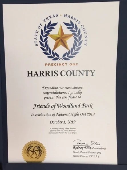 National Night Out award for Friends of Woodland Park.
