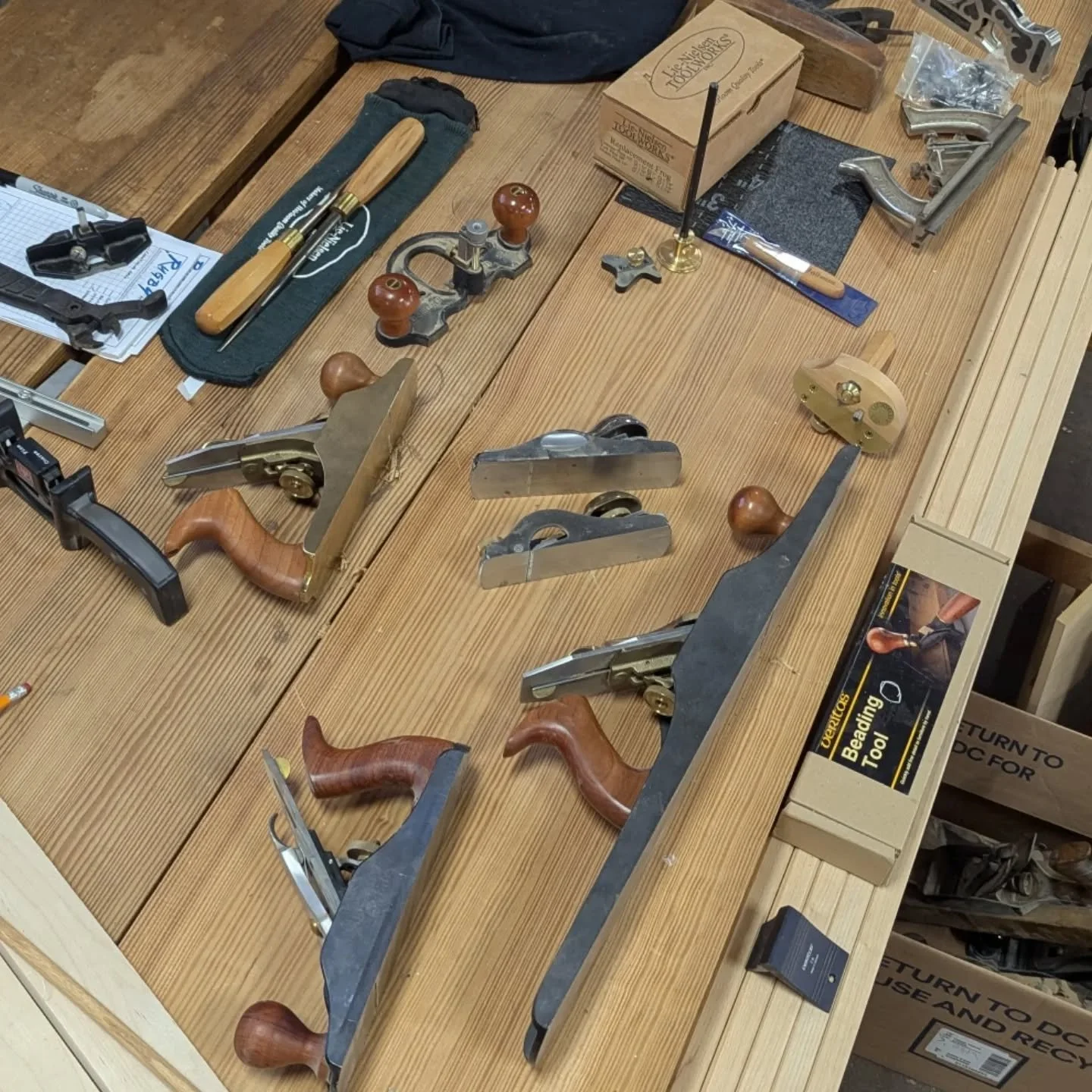 Looks like a yard sale in the shop. Three truckloads of supplies, materials, and tools were recently dropped off. The vast majority is destined for @lynchburg_cte and @lcsedfoundation Tools4Schools. However, there are several handplanes (Woodriver, V