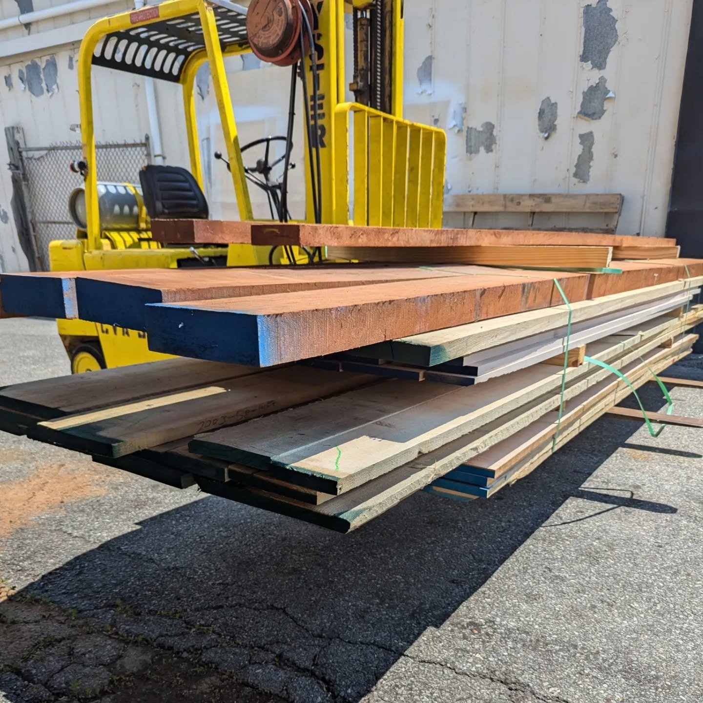 Yes, the forklift is finally back in action!!

Lumber deliveries are back on track. Those 8/4 sapele boards look like toothpicks on top of the 12/4 boards. The 12/4 boards are 14ft so I'll be knocking them down to 7ft. Message me ASAP if you need the