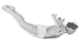 A person wearing a white protective suit and mask, lying on their side, holding a dog with someone else.