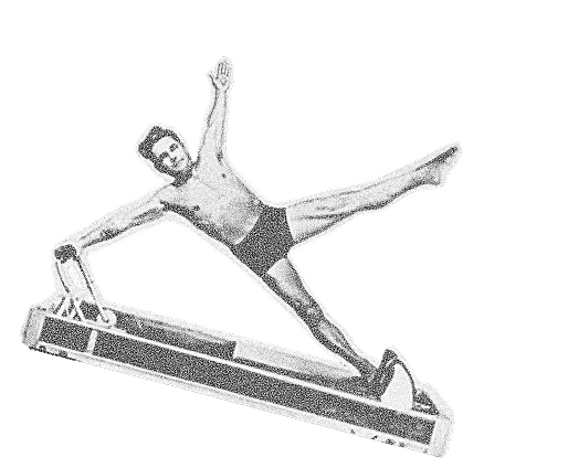 Black and white illustration of a male figure performing a balancing pose on a gymnastics beam.