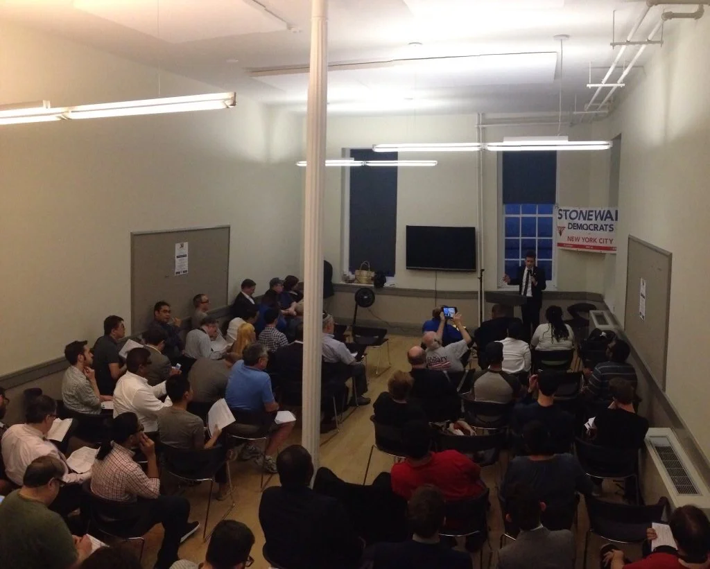 NYS Senator Brad Hoylman speaking with SDNYC members at yesterday's endorsement meeting.